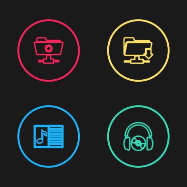 Satır Müzik Kitabı 'nı not, Kulaklıklar ve CD veya DVD ile ayarla, FTP dizin indirmesi ve yenilenme simgesini eşzamanla. Vektör.