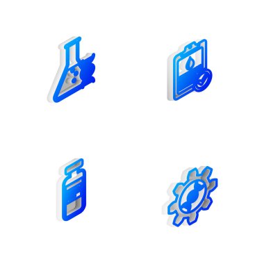 Isometric hattını kan testi, DNA araştırması, arama, tıbbi şişe, ampul ve genetik mühendislik ikonu ile ayarla. Vektör.