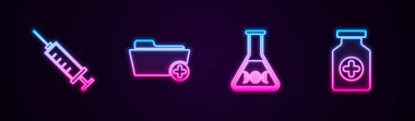 Şırınga, sağlık dosyası, DNA araştırması, arama ve ilaç şişesi. Parlayan neon ikonu. Vektör.