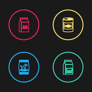 Köpek, kedi konservesi ve ikon için yiyecek torbası hazırlayın. Vektör.