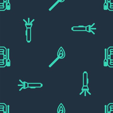 Yanan kibriti ateşle, el feneriyle ve rafting teknesiyle kusursuz bir şekilde ayarla. Vektör.