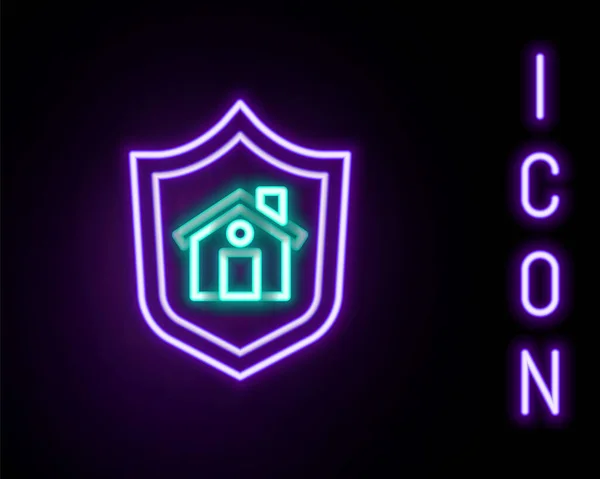 Linea Neon Luminosa Casa Con Icona Scudo Isolata Sfondo Nero — Vettoriale Stock