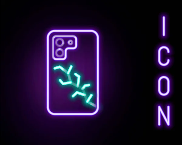 Glowing Neon Line Smartphone Broken Screen Icon Isolated Black Background — Stock Vector