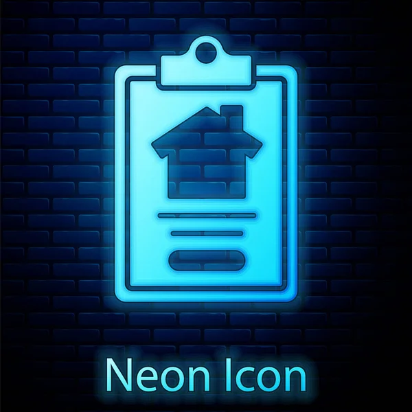 Glowing Neon House Contract Icon Isolated Brick Wall Background Contract — Stock Vector