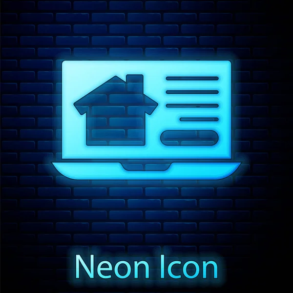 Glowing Neon Online Real Estate House Laptop Icon Brick Wall — 스톡 벡터