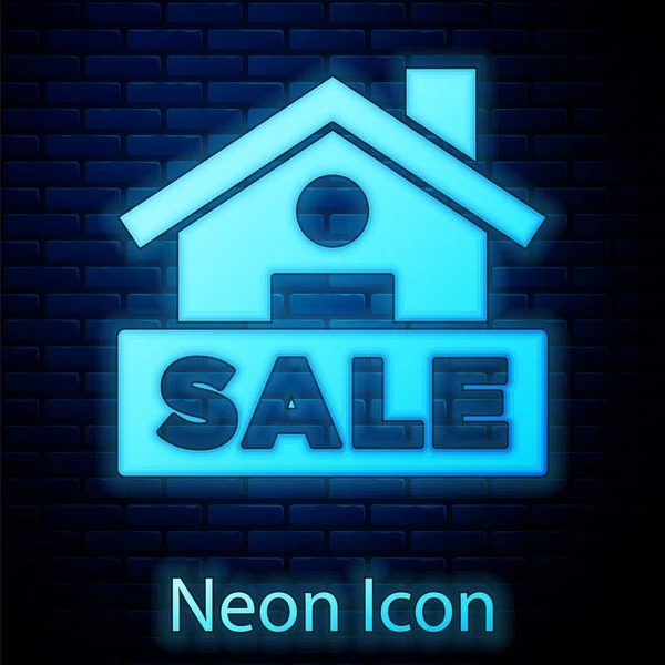 Zářící Neon Závěsná Značka Textem Ikona Prodeje Izolovaná Pozadí Cihlové — Stockový vektor