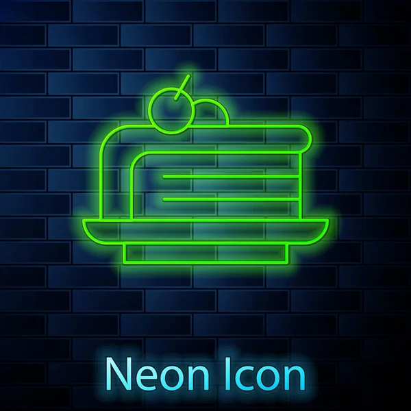 Gloeiende Neon Lijn Piece Cake Pictogram Geïsoleerd Baksteen Muur Achtergrond — Stockvector