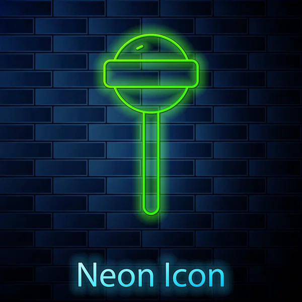 Gloeiende Neon Lijn Lollipop Pictogram Geïsoleerd Baksteen Muur Achtergrond Eten — Stockvector