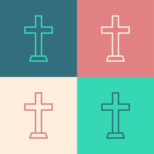 Pop Art Linie Christliches Kreuz Symbol Isoliert Auf Farbigem Hintergrund — Stockvektor