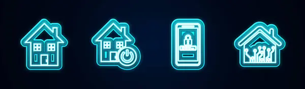 Set Line Haus Smart Home Mobile Und Passwortschutz Und Leuchtende — Stockvektor