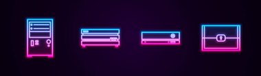 Satır bilgisayarı, oyun konsolu ve göğüs için ayarla. Parlayan neon ikonu. Vektör.