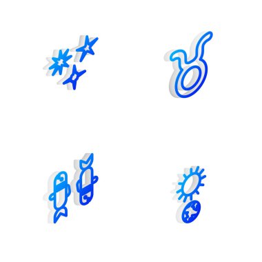 Isometric Line Taurus Zodiac, Kayan Yıldız, Balık ve Gündönümü simgesini ayarla. Vektör.