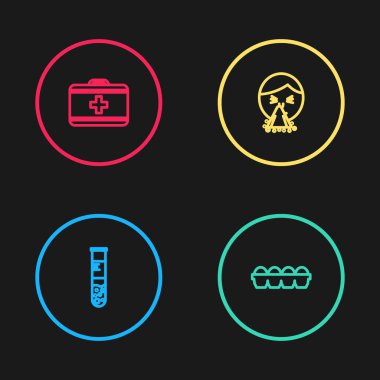 Test tüpü ve matara, kutuda tavuk yumurtası, burnu akan mendil ve ilk yardım çantası ikonu. Vektör.