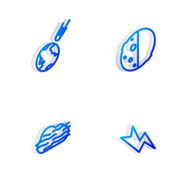 Güneş tutulması, kuyruklu yıldız hızla düşüyor, sis, bulut ve şimşek simgesi. Vektör.