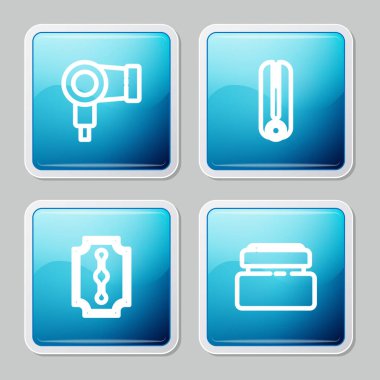 Saç kurutma makinesi, saç maşası jilet ve krem losyon kozmetik tüp ikonu. Vektör.