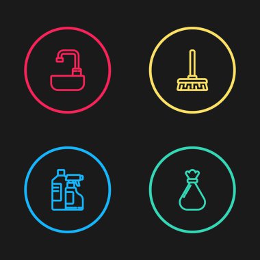 Temizlik acentesi, çöp torbası, süpürge sapı ve musluk ikonlu lavabo. Vektör.