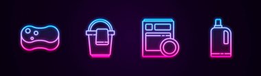Sünger, paçavralı kova, bulaşık makinesi ve yumuşatıcı. Parlayan neon ikonu. Vektör.