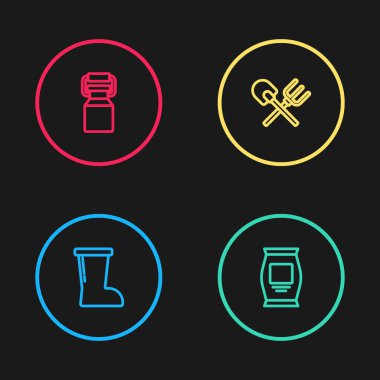 Su geçirmez lastik bot, gübre torbası, kürek, tırmık ve süt ikonu için konteynır ayarla. Vektör