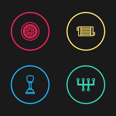 Hat vites değiştirici, araba radyatörü soğutma sistemi ve tekerlek simgesi. Vektör