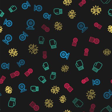 Sıra Gong, boks eldiveni, boks eldivenleri ve kusursuz desenli madalya. Vektör