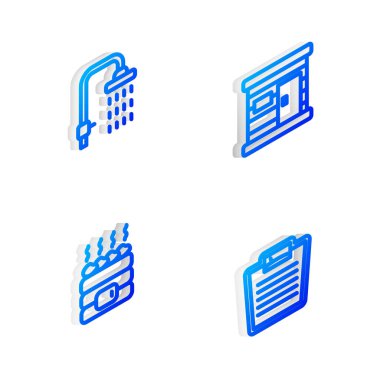 Isometric hattı sauna ahşap hamam, duş, sıcak sauna taşları ve banyo terazisi ikonu. Vektör