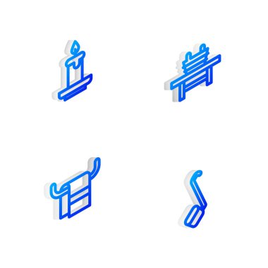 Isometric halat sauna tezgahını kova, Aroma mumu, havluyu askıya ve kepçe ikonuna koyun. Vektör