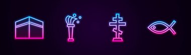 Kabe Camii, Aspergillum, Hristiyan haçı ve balık. Parlayan neon ikonu. Vektör