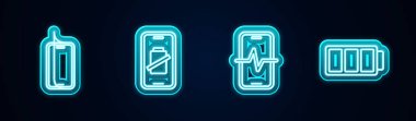Cam ekran koruyucu, akıllı telefon şarjı, telefon tamir servisi ve batarya ayarlayın. Parlayan neon ikonu. Vektör