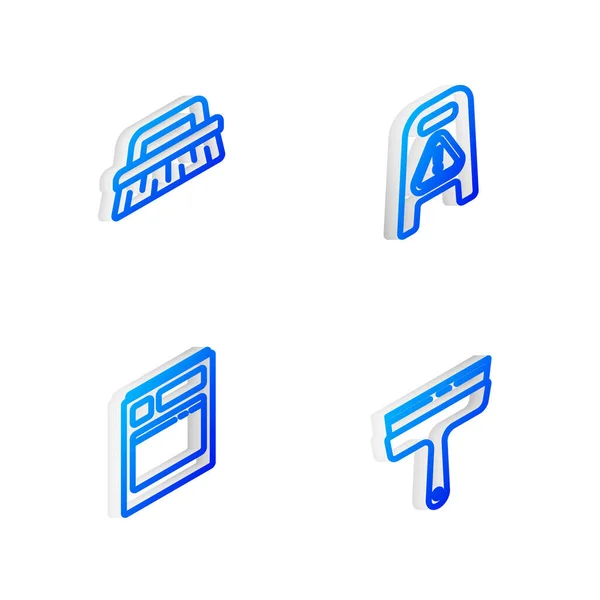 Set Isometric Line Sol Humide Nettoyage Cours Brosse Pour Lave — Image vectorielle