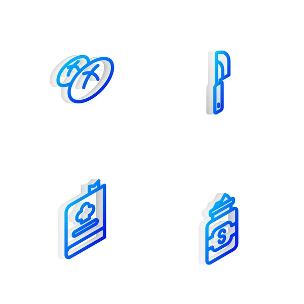 Set Isometric Line Knife Chléb Bochník Kuchařka Sklenice Cukru Ikona — Stockový vektor