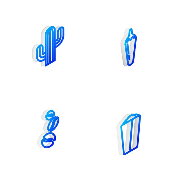 Set Isometrische Linie Chilischote Kaktus Kaffeebohnen Und Burrito Symbol Vektor — Stockvektor
