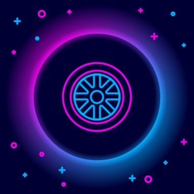 Parlak neon çizgili araba tekerleği simgesi siyah arkaplanda izole edildi. Renkli taslak konsepti. Vektör