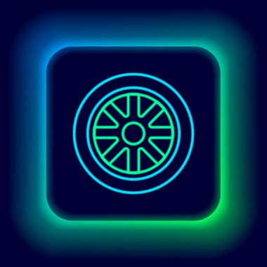 Parlak neon çizgili araba tekerleği simgesi siyah arkaplanda izole edildi. Renkli taslak konsepti. Vektör