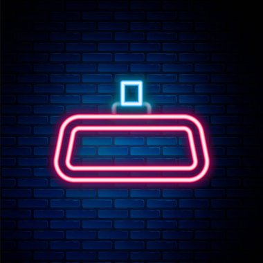 Parlak neon çizgili araba aynası ikonu tuğla duvar arkasında izole edilmiş. Renkli taslak konsepti. Vektör