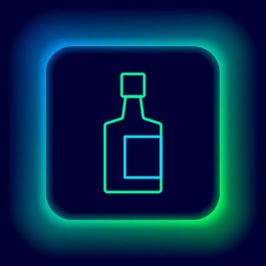 Parlayan neon hattı tekila şişesi simgesi siyah arka planda izole edildi. Meksika alkolü. Renkli taslak konsepti. Vektör