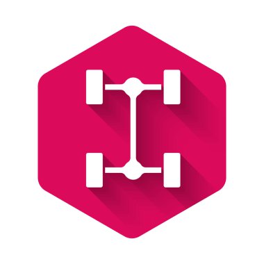 Beyaz Chassis araba simgesi uzun gölge arkaplanı ile izole edildi. Pembe altıgen düğmesi. Vektör