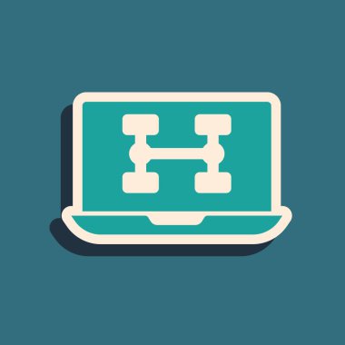 Yeşil arka planda izole edilmiş araç simgesinin yeşil donanım tanılama durumu. Araba servisi ve tamir parçaları. Uzun gölge tarzı. Vektör