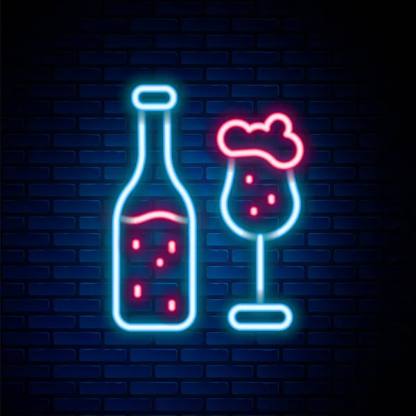 Linea Neon Incandescente Bottiglia Birra Icona Vetro Isolato Sfondo Muro — Vettoriale Stock