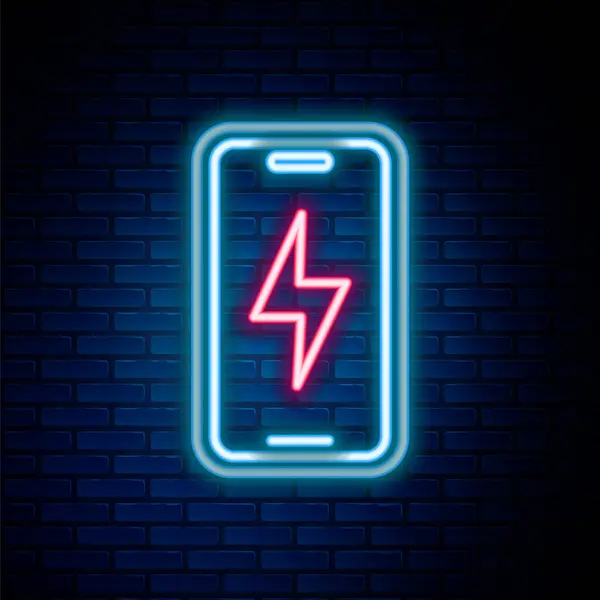 Świecąca Neon Linia Smartphone Ładowania Ikona Baterii Izolowane Tle Cegły — Wektor stockowy