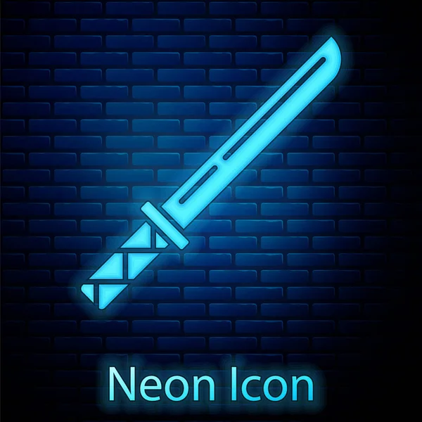 Glowing Neon Traditional Japanese Katana Icon Isolated Brick Wall Background — Stock Vector