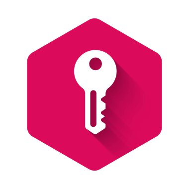 Beyaz Saray anahtar simgesi uzun gölge arkaplan izole. Pembe altıgen düğmesi. Vektör