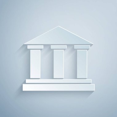 Kağıt kesiği müze binası simgesi gri arkaplanda izole edilmiş. Kağıt sanatı tarzı. Vektör