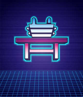 Kova ikonuna sahip geçmişe dönük sauna bankı fütüristik manzara arka planında izole edilmiş. 80 'lerin moda partisi. Vektör