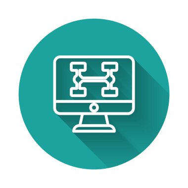 Beyaz çizgi, uzun gölge arkaplanlı araba simgesinin donanım tanılama durumu. Araba servisi ve tamir parçaları. Yeşil daire düğmesi. Vektör