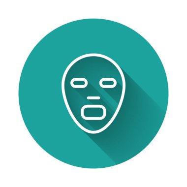 Beyaz çizgi Yüz Kozmetik Maskesi simgesi uzun gölge arkaplan izole. Kozmetoloji, ilaç ve sağlık hizmetleri. Yeşil daire düğmesi. Vektör