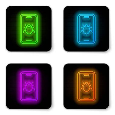 Mobil simgede parlayan neon hat sistemi hatası beyaz arkaplanda izole edildi. Kod hatası konsepti. Sistemde hata var. Böcek araması. Siyah kare düğme. Vektör