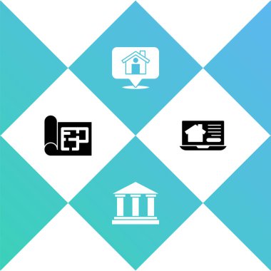 Ev planı, müze binası, evi ve online emlak ikonu olan bir yer ayarla. Vektör