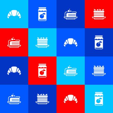 Kruvasan, reçel kavanozu, kek ve kek ikonu hazırla. Vektör