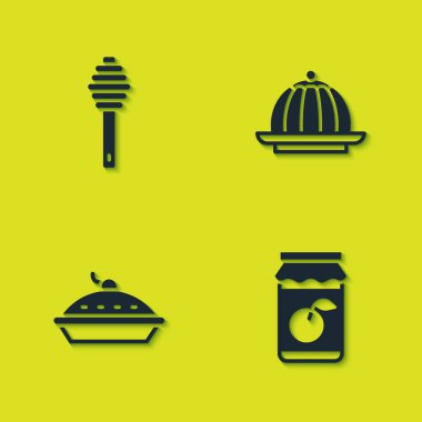 Bal Dipper çubuğu, reçel kavanozu, ev yapımı turta ve puding ikonu. Vektör