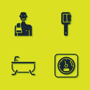 Saunada adam ayarla, sauna termometresi, küvet ve fırça ikonu. Vektör